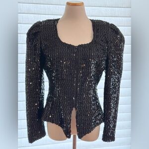 Vintage 80s Black Sequin Evening Jacket Glam Cocktail Party Blazer Zip Front